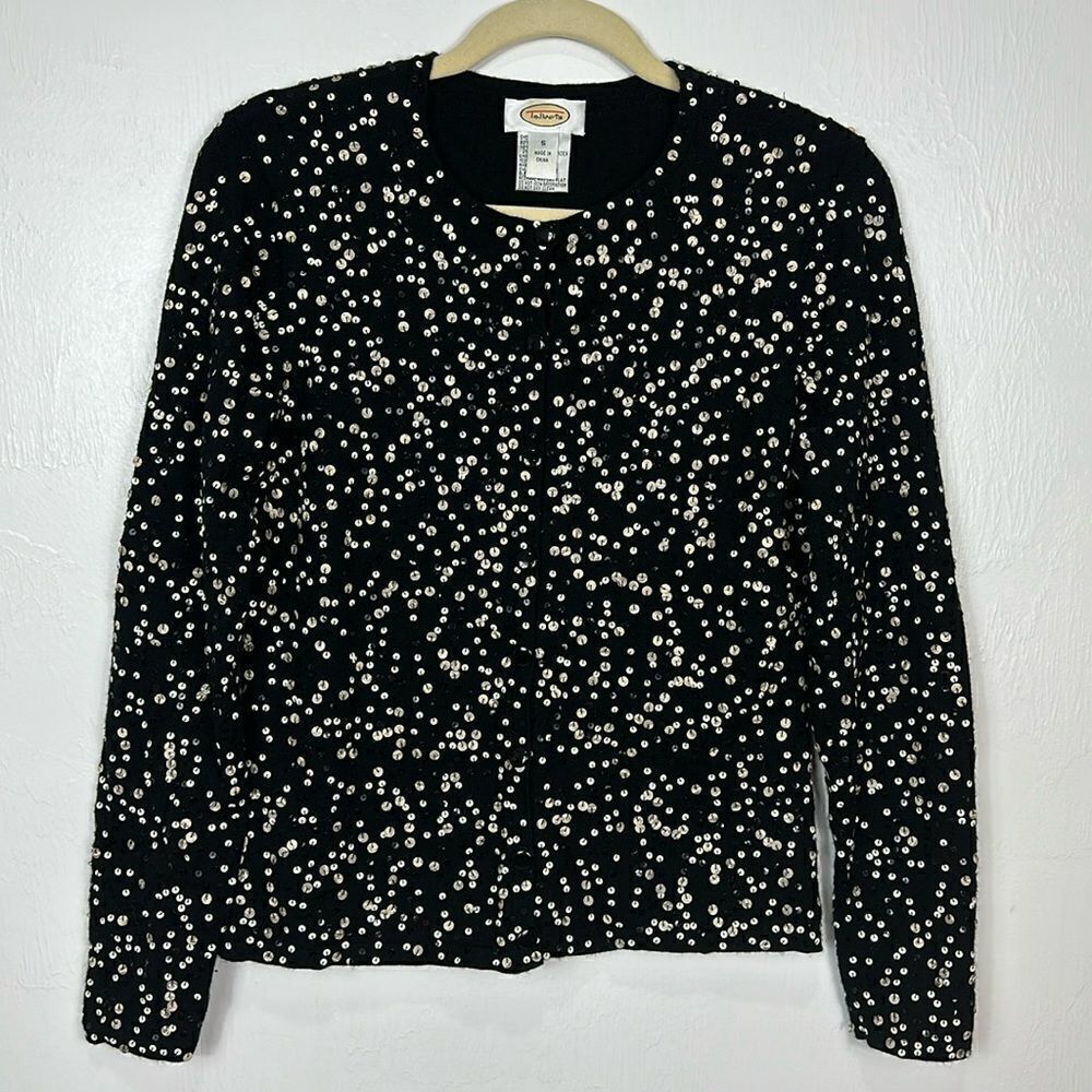 Talbots Vintage  Merino Wool Blend Black Beaded Sequins Cardigan Sweater Size S